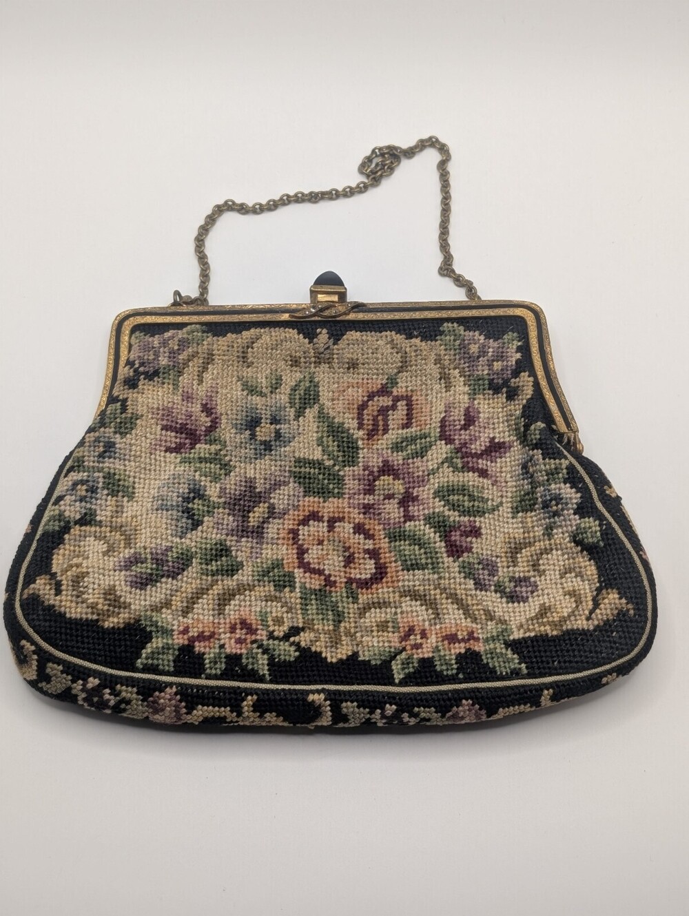 Vintage Petit Point Needlepoint Floral Evening Purse Gold Frame Chain Bag